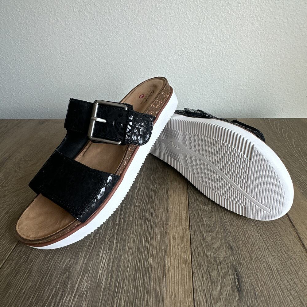 Clarks Unstructured Black Snake Print Buckle Slide Sandals Women 9 NWOB